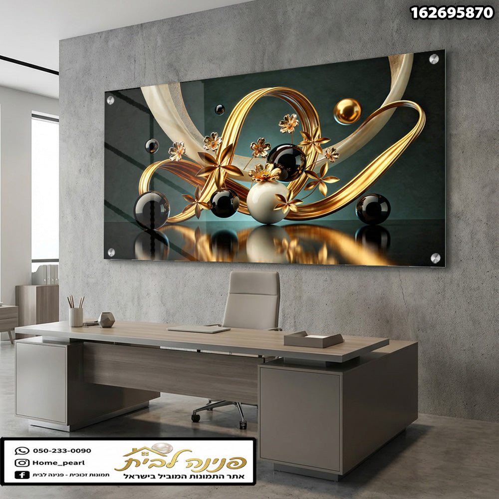 תמונות זכוכית - אבסטרקט יוקרתי של סרטי זהב וכדורים מבריקים תמונות זכוכית לסלון תמונות לבית תמונות קיר הדפסה על זכוכית