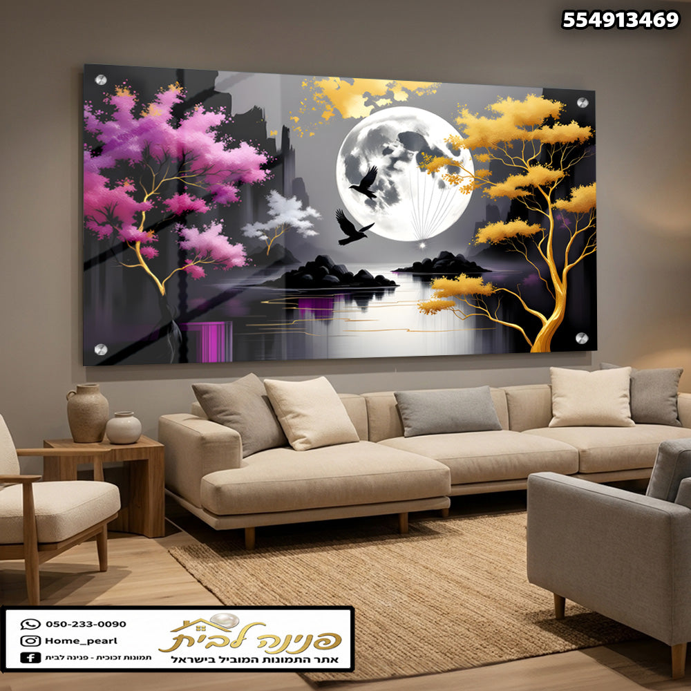 תמונות זכוכית - ירח מלא מעל אגם ועצי סתיו זהובים וסגולים תמונות זכוכית לסלון תמונות לבית תמונות קיר הדפסה על זכוכית