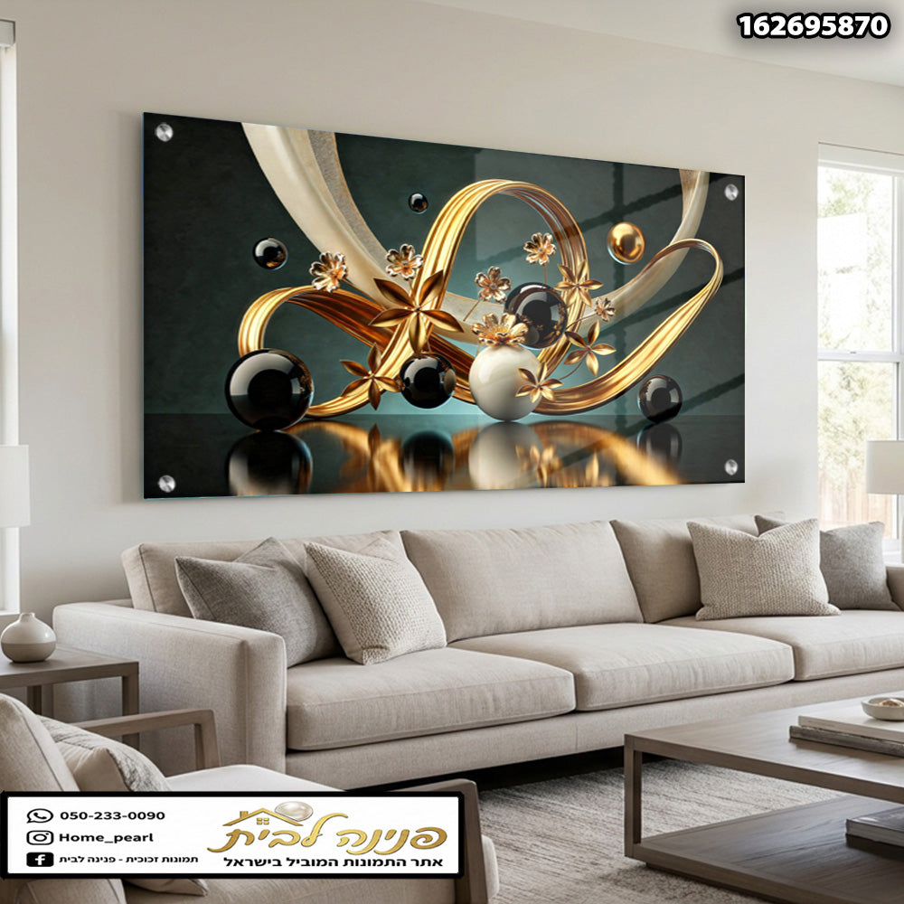 תמונות זכוכית - אבסטרקט יוקרתי של סרטי זהב וכדורים מבריקים תמונות זכוכית לסלון תמונות לבית תמונות קיר הדפסה על זכוכית