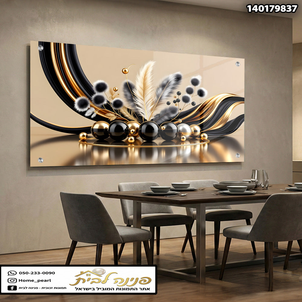 תמונה דקורטיבית עם שילוב של צבעים שחור, כסף וזהב - תמונות קיר - שחור, זהב, לבן