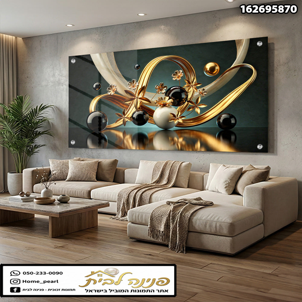 תמונה אומנותית של קישוט על זכוכית - תמונות נוי - צבעים זהב, שחור ולבן