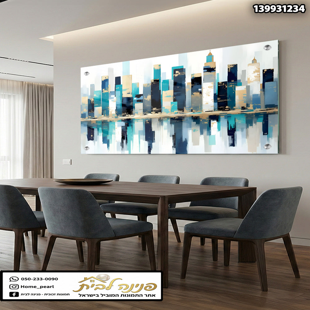 תמונה של נוף עירוני מודרני על זכוכית - תמונות לבית - צבעים כחול, לבן, זהב