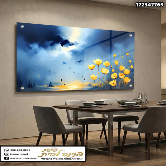 תמונה יפה של פרחים צהובים על רקע שמיים כחולים - תמונות נוי - צהוב וכחול