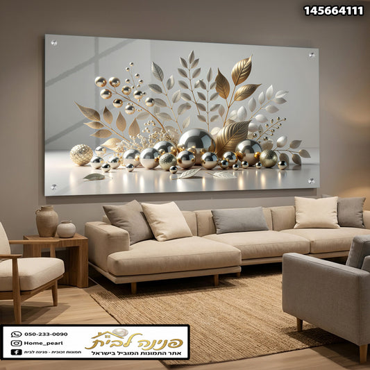 תמונה של קיר עם תמונה מעוצבת של צמחים ופתיתי זכוכית - תמונות קיר - זהב וכסף