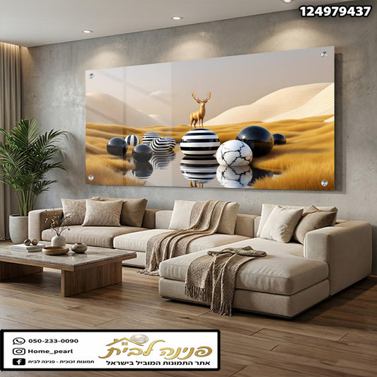 תמונה אמנותית של כדורים על רקע חולי עם צבי - תמונות נוי - צבעים שחור ולבן וזהב