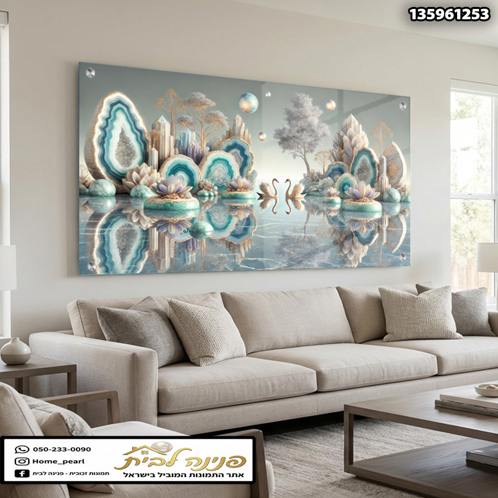 תמונות זכוכית - אגם טורקיז חלומי עם גאודות, לוטוסים וברבורים מוזהבים תמונות זכוכית לסלון תמונות לבית תמונות קיר הדפסה על זכוכית