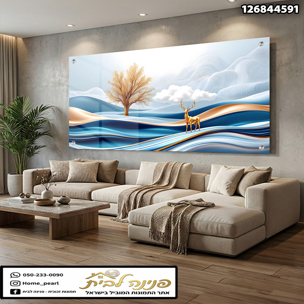 תמונות זכוכית - נוף גלים כחולים עם אייל זהוב ועץ ענברי תמונות זכוכית לסלון תמונות לבית תמונות קיר הדפסה על זכוכית