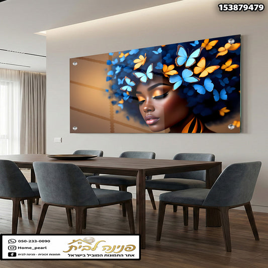 תמונה אמנותית של אישה עם שיער כחול ופראי - תמונות לבית - צבעים כחול, כתום, שחור