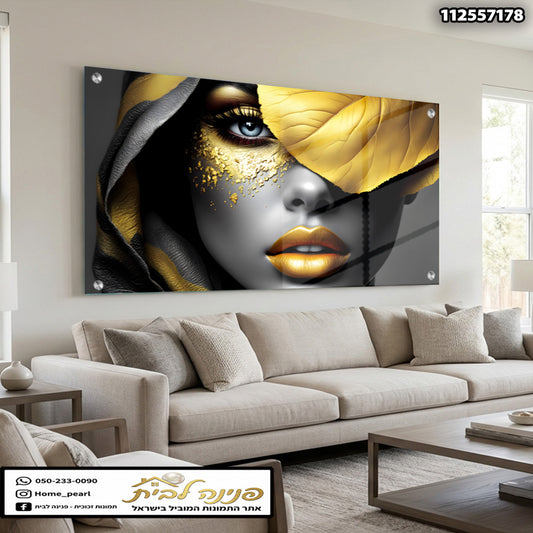 תמונה אומנתית של פנים עם נגיעות של זהב ואפור - תמונות לבית - צבעים שחור, זהב ולבן