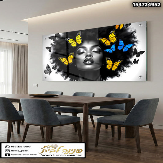 תמונה אמנותית של פנים עם פרפרים - תמונות נוי - צבעים שחור, צהוב וכחול