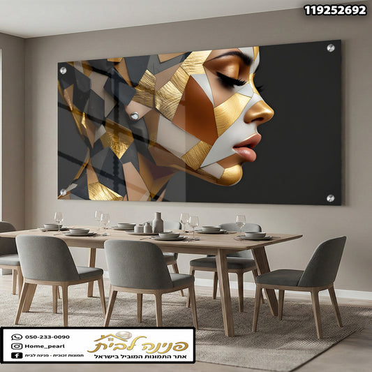 תמונה אמנותית של פורטרט על קיר - תמונות לבית - צבעים: שחור,זהב,לבן