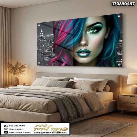 תמונה של פנים עם שיער צבעוני - תמונות קיר - צבעים בציור הם שחור ורוד וטורקיז