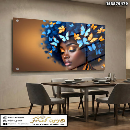 תמונה יצירתית של פורטרט מופיע על זכוכית - תמונות זכוכית - צבעים כחול וכתום