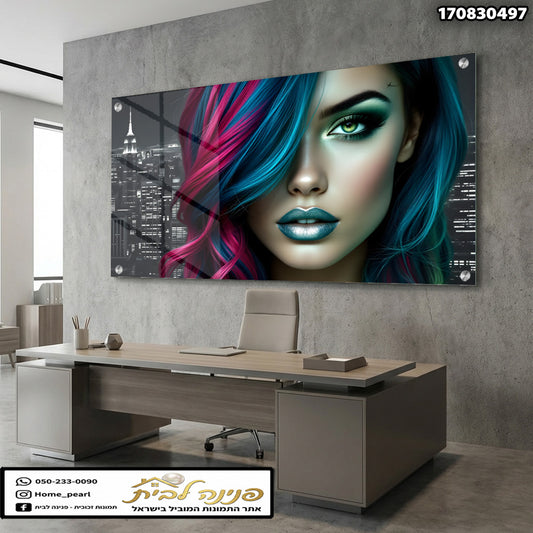 הדפסה של פורטרט אמן על זכוכית - תמונות לבית - צבעים כחול וורוד