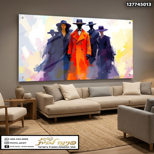 ציור אומנותי של דמויות בלבוש אופנתי על קיר - תמונות לסלון - צבעים חמים