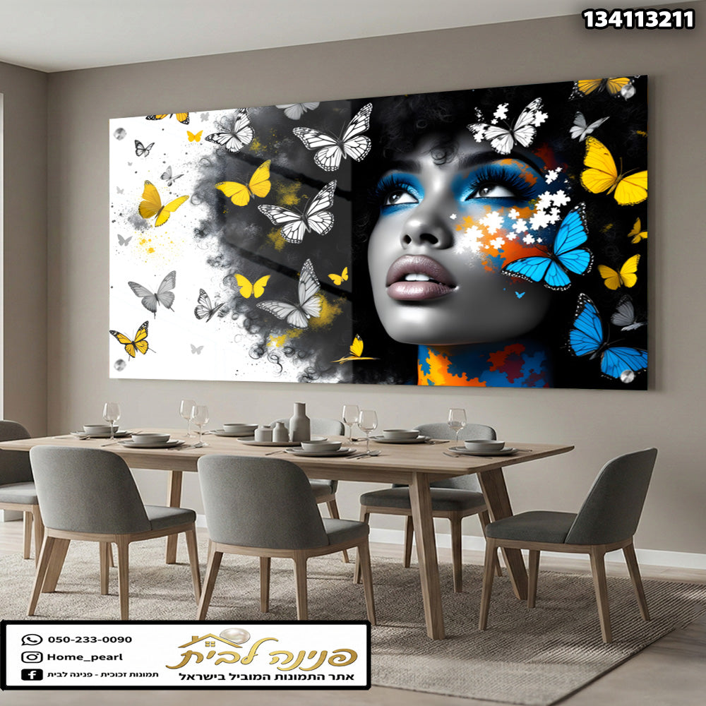 תמונות זכוכית - דיוקן אישה דרמטי עם פרפרים צהובים וכחולים תמונות זכוכית לסלון תמונות לבית תמונות קיר הדפסה על זכוכית