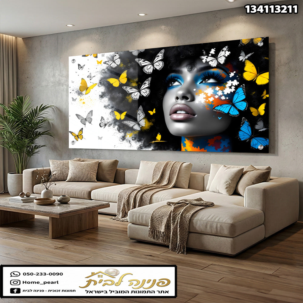 תמונה של פורטרט אמנותי עם פרפרים - תמונות נוי - צבעים שחור, לבן, צהוב וכחול