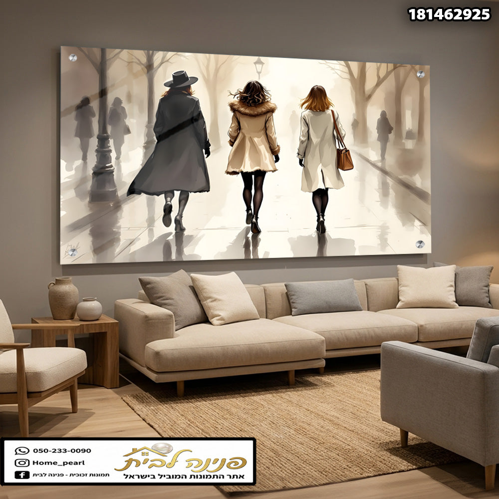הדפסה אומנותית של שלוש נשים צועדות בקמיליה - תמונות קיר - צבעים חום ואפור