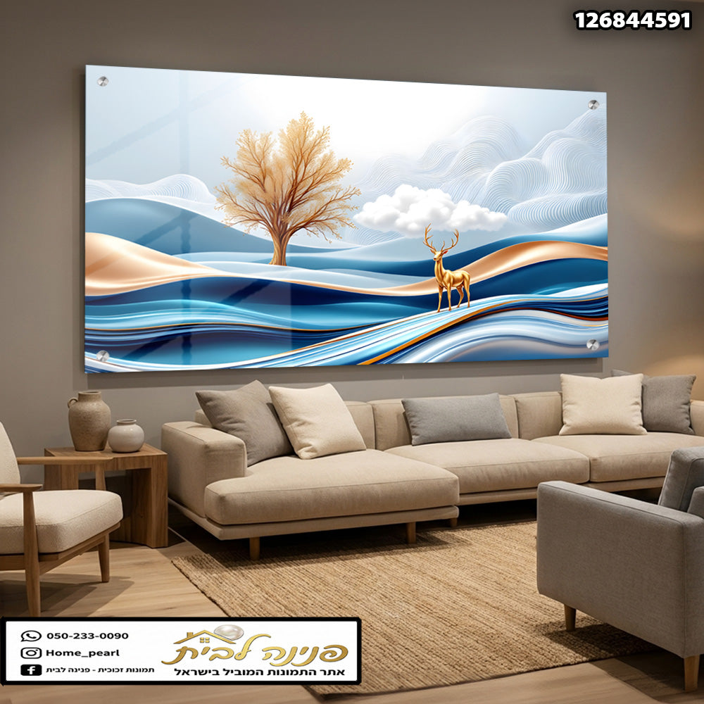 תמונה אומנותית של נוף עם עץ עם רקע גלי - תמונות נוי - צבעים כחול, לבן, חום