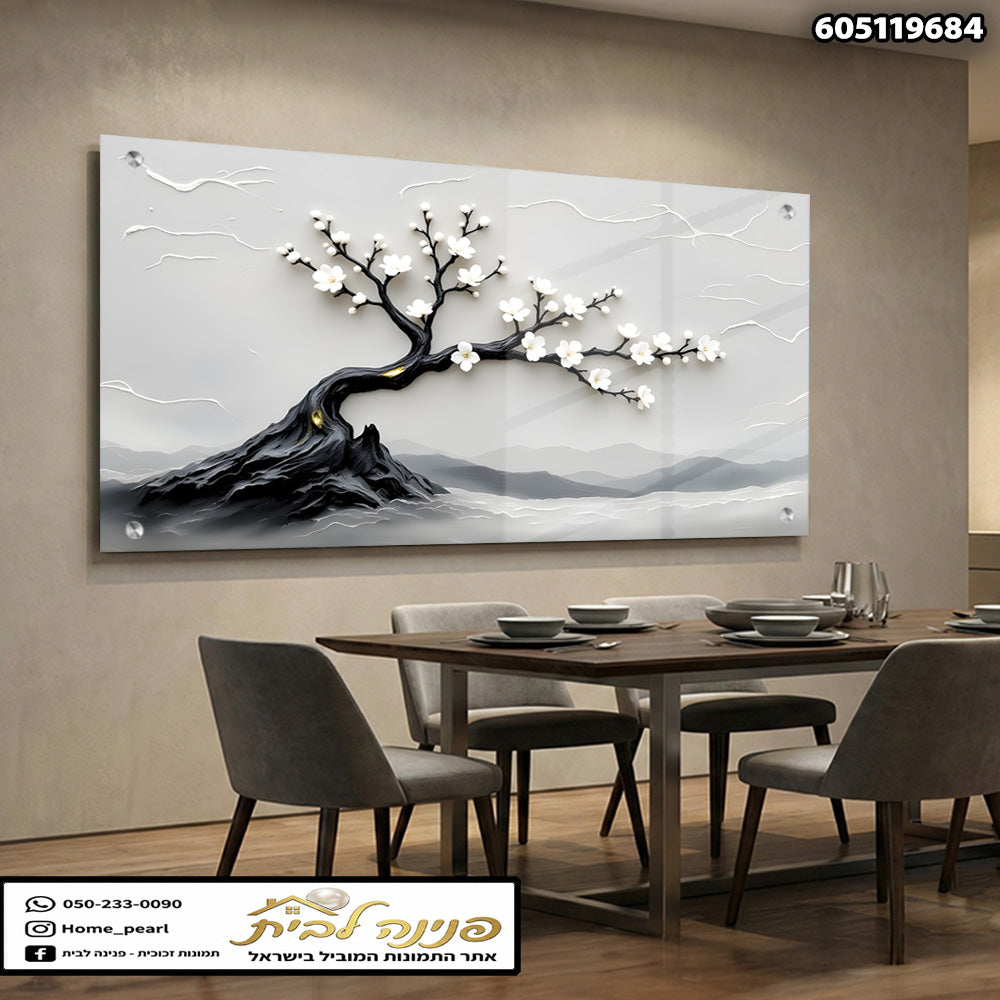 תמונה של עץ עם פרחים על רקע אפור - תמונות נוי - צבעים שחור ולבן