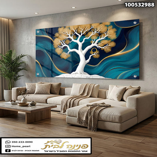 תמונה של עץ אומנותי על רקע כחול וזהב - תמונות קיר - צבעים בתמונה