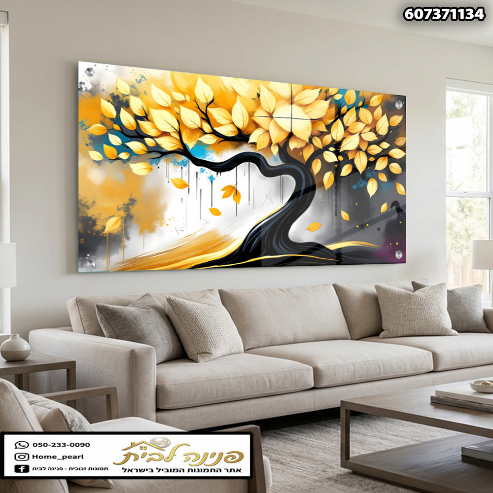 תמונות זכוכית - עץ אבסטרקטי עם עלים זהובים על רקע שחור-לבן תמונות זכוכית לסלון תמונות לבית תמונות קיר הדפסה על זכוכית