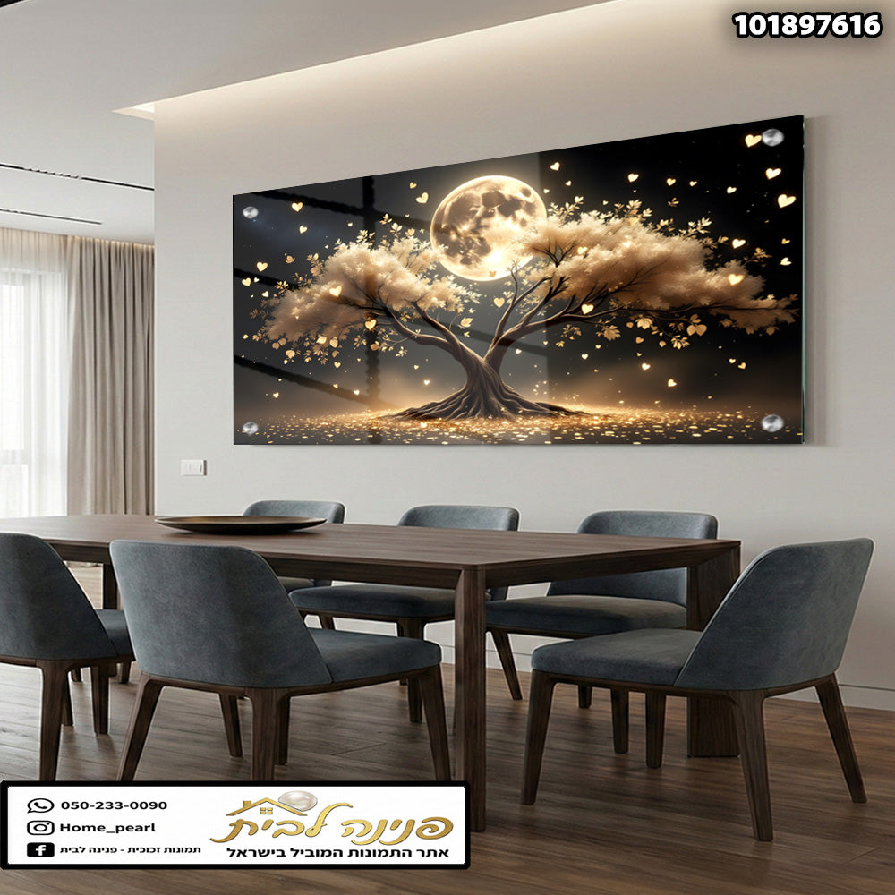 תמונה אומנותית של עץ עם ירח - תמונות נוי - צבעים שחור וזהב