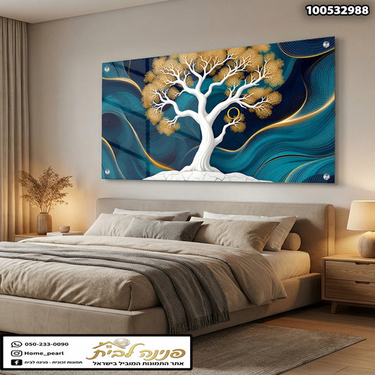 תמונה אמנותית של עץ בחדר - תמונות קיר - צבעים לבן, כחול, זהב