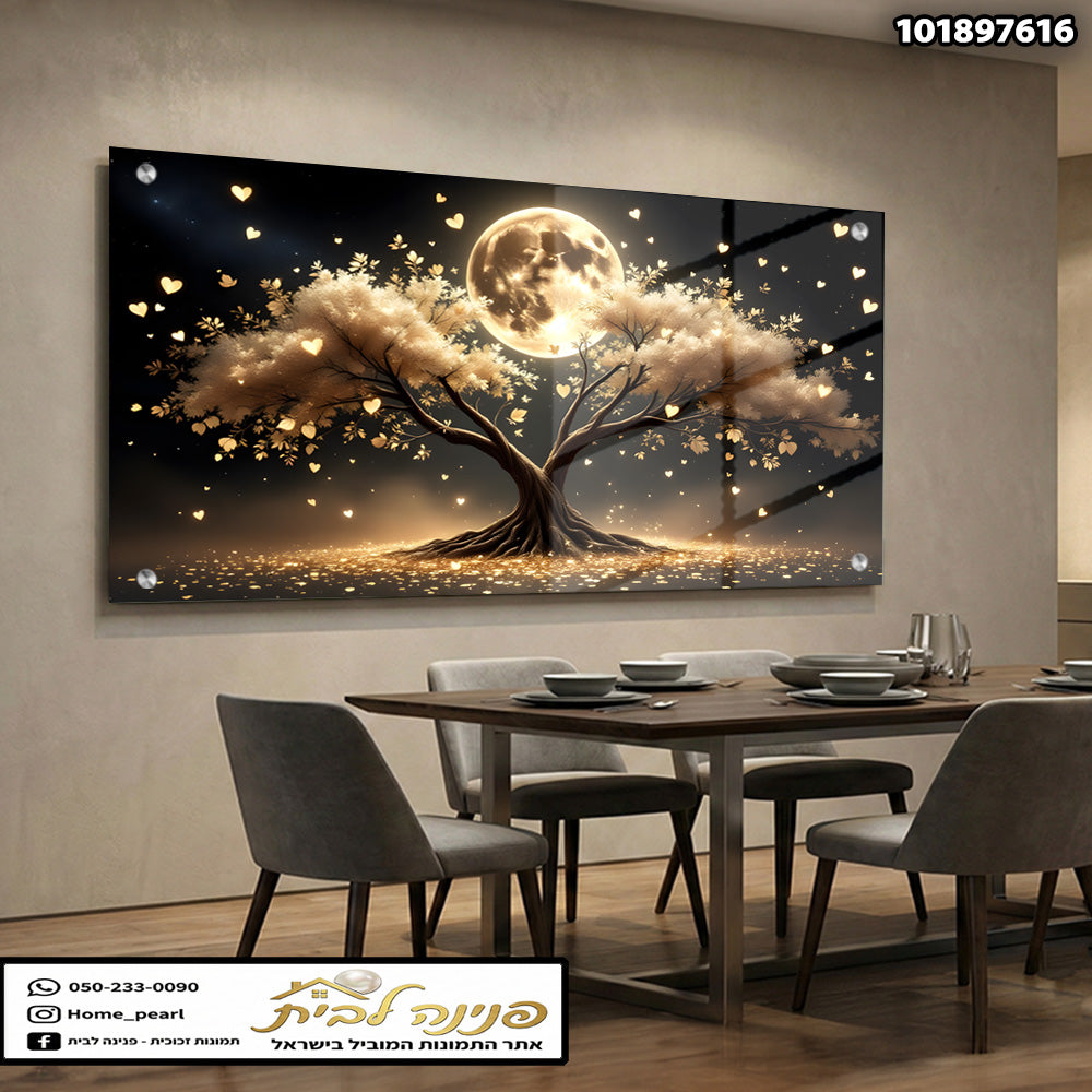 תמונה של עץ אמנותי עם ירח ורקע כהה - תמונות נוי - צבעים זהב ושחור