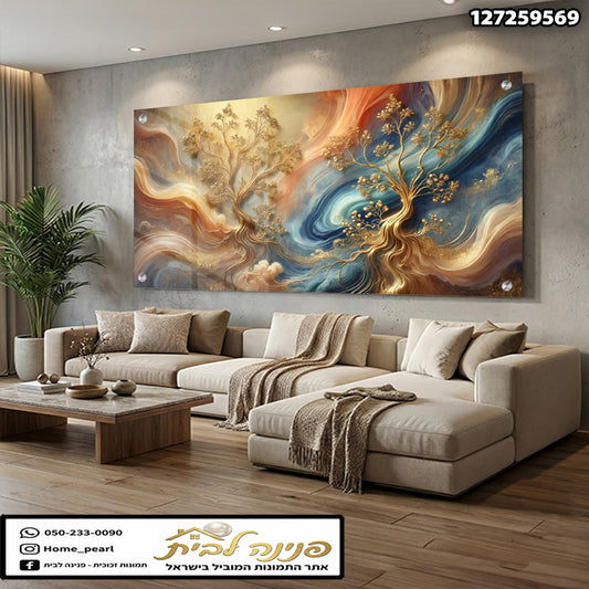 ציור של עץ בסגנון אמנותי - תמונות לבית - צבעים זהב, כחול, כתום