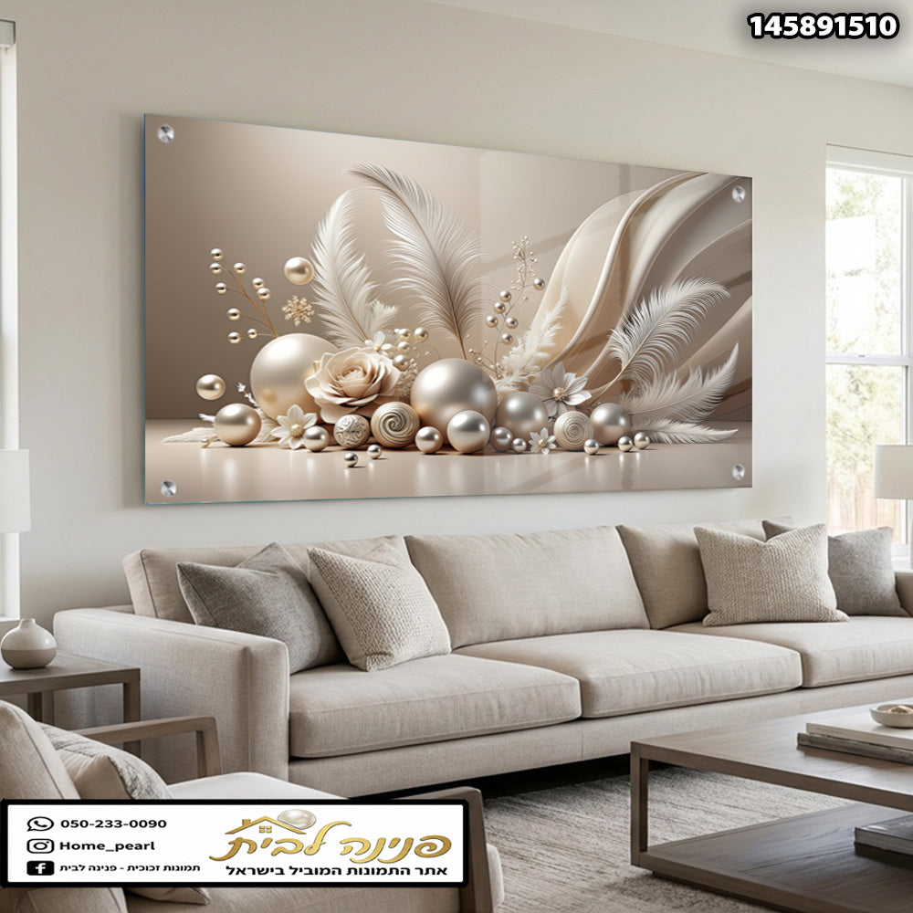 תמונות זכוכית - קומפוזיציית נוצות ופנינים בגווני שמנת וזהב עדין תמונות זכוכית לסלון תמונות לבית תמונות קיר הדפסה על זכוכית