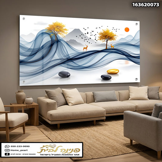 תמונה של נוף עם עצים ומים - תמונות נוי - זהב, כחול, לבן