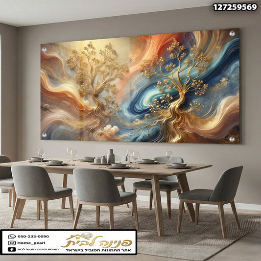 תמונה אמנותית של קיר עם עצים זהובים ורקע צבעוני - תמונות נוי - זהב, כחול, אדום