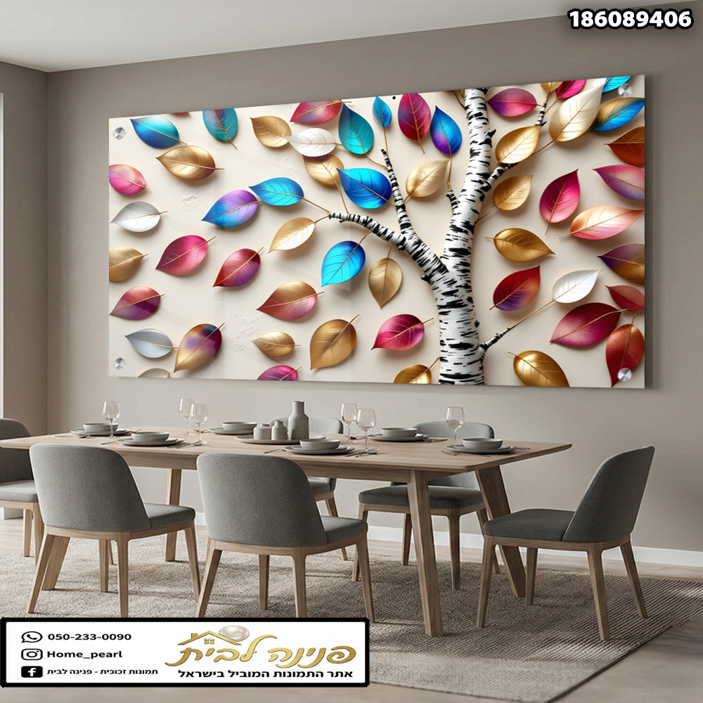 תמונה של קיר עם עלים צבעוניים - תמונות נוי - צבעים: זהב, כחול, ורוד
