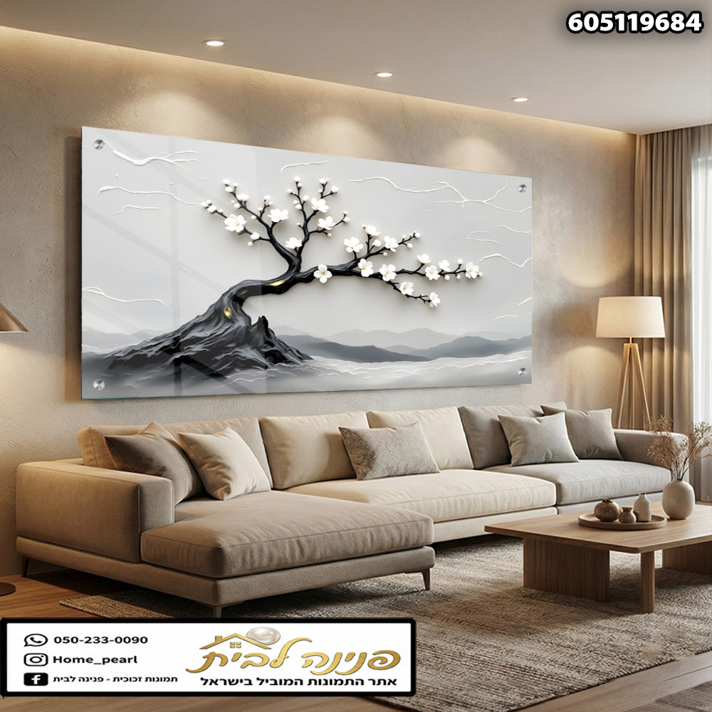 תמונה של ציור עץ פריחה על קיר - תמונות קיר - צבעים שחור ולבן