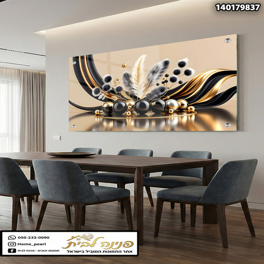 תמונה אמנותית על קיר - תמונות קיר - בצבעים שחור, זהב ולבן