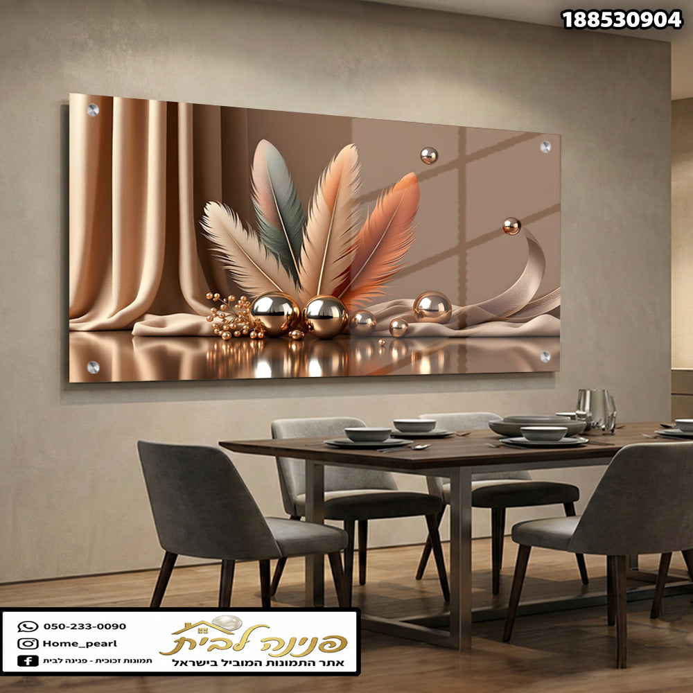 תמונה של קישוט קיר עם נוצות וכדורים - תמונות נוי - גוונים של חום וטאן