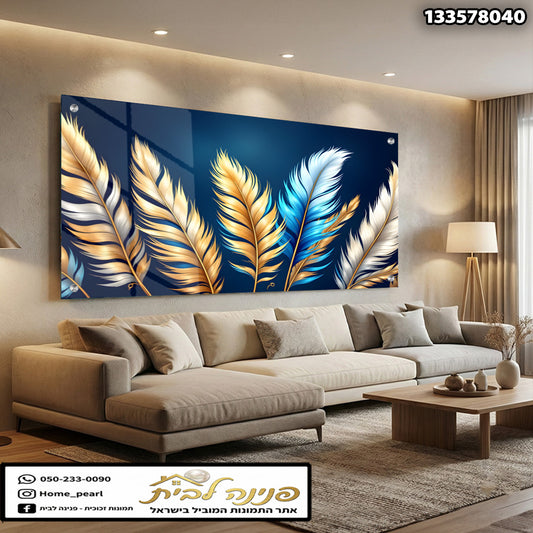 תמונה של עלים דקורטיביים על קיר - תמונות נוי - צבעים של כחול, זהב ולבן