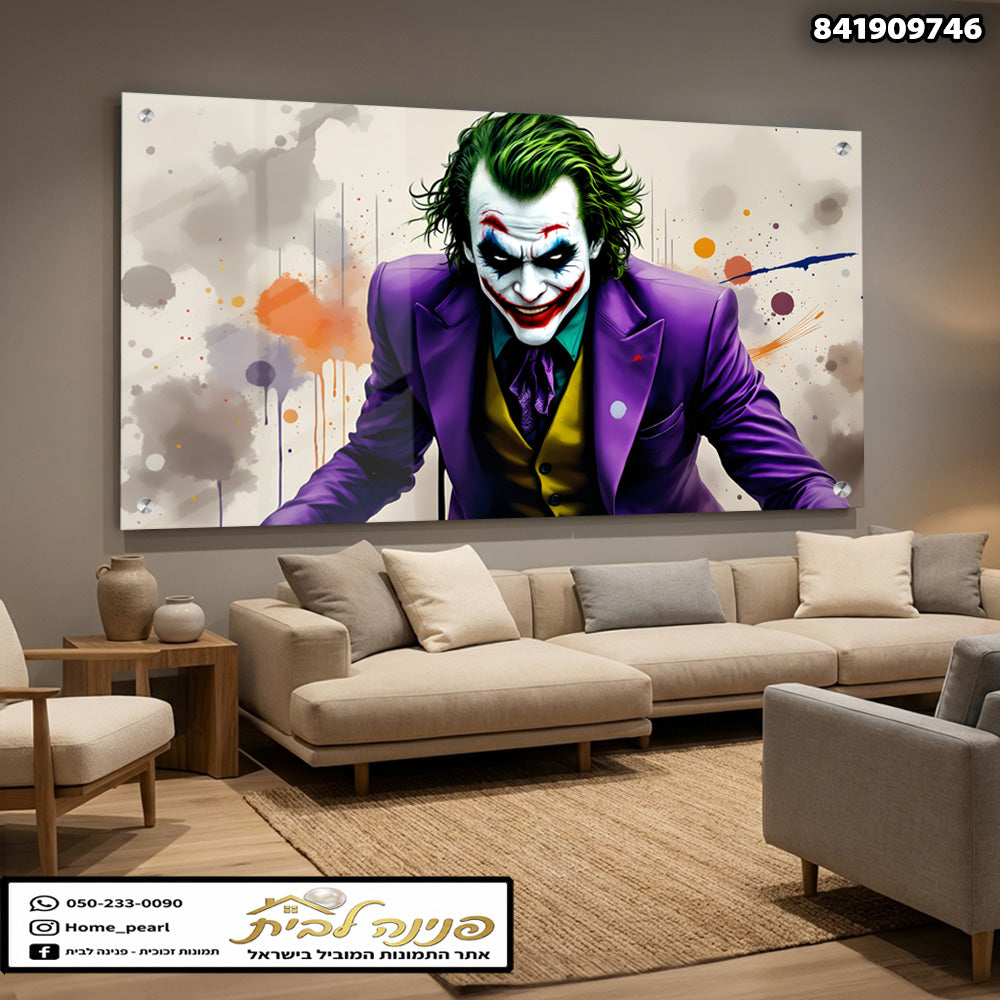 הדפסה על זכוכית - דיוקן דרמטי בסגול וירוק עם כתמי צבע אורבניים תמונות זכוכית לסלון תמונות לבית תמונות קיר הדפסה על זכוכית