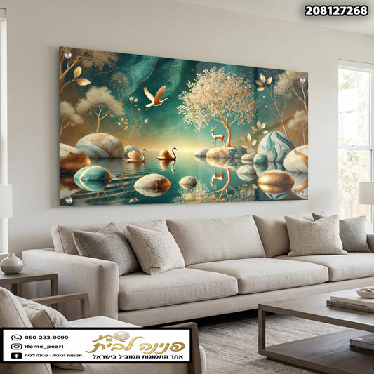 תמונה של נוף טבעי עם אגם ועופות - תמונות נוי - צבעים ירוק, חום וכחול