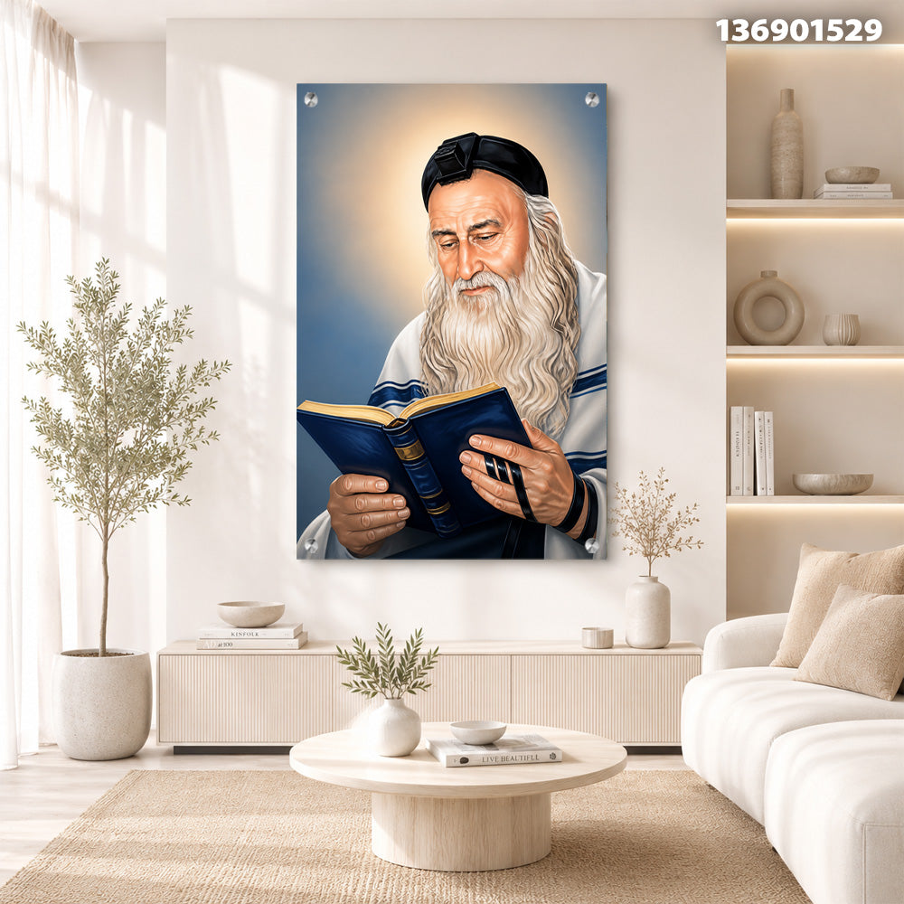 תמונות זכוכית - דיוקן רב עטור טלית בספר תפילה בגווני כחול וזהב תמונות זכוכית לסלון תמונות לבית תמונות קיר הדפסה על זכוכית