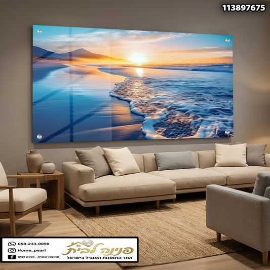 תמונה של נוף חוף עם שקיעה - תמונות נוי - צבעים כחול וכתום