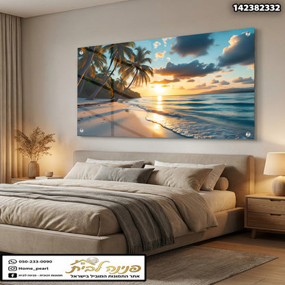 תמונה של חוף עם דקלים במזרח השמש - תמונות נוי - צבעים כחול וצהוב