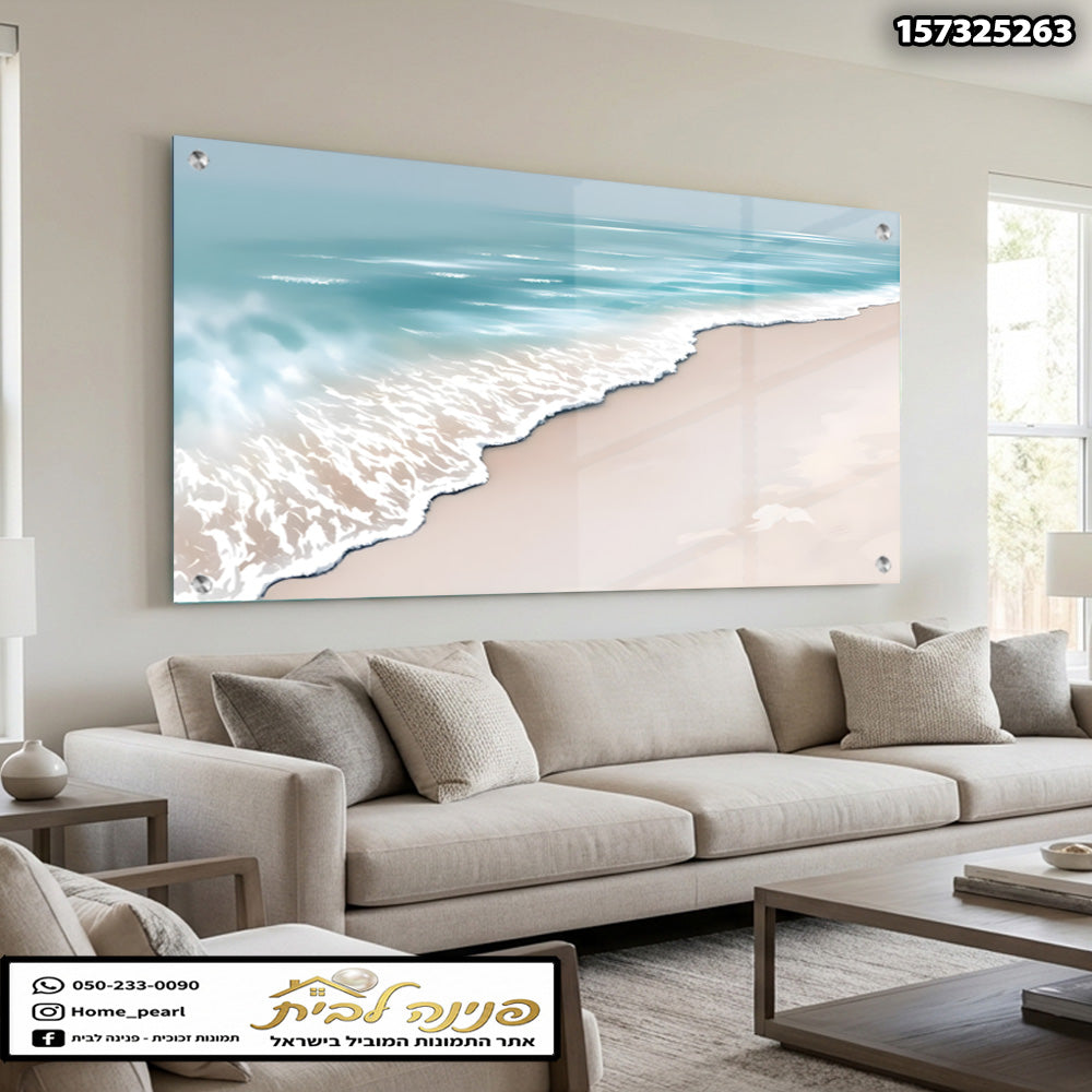 תמונה של חוף ים על זכוכית - תמונות זכוכית - צבעים בתמונה: כחול, בז'