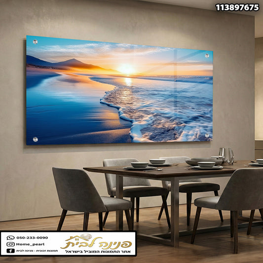 תמונה של שקיעה על החוף - תמונות זכוכית - צבעים כחול וכתום