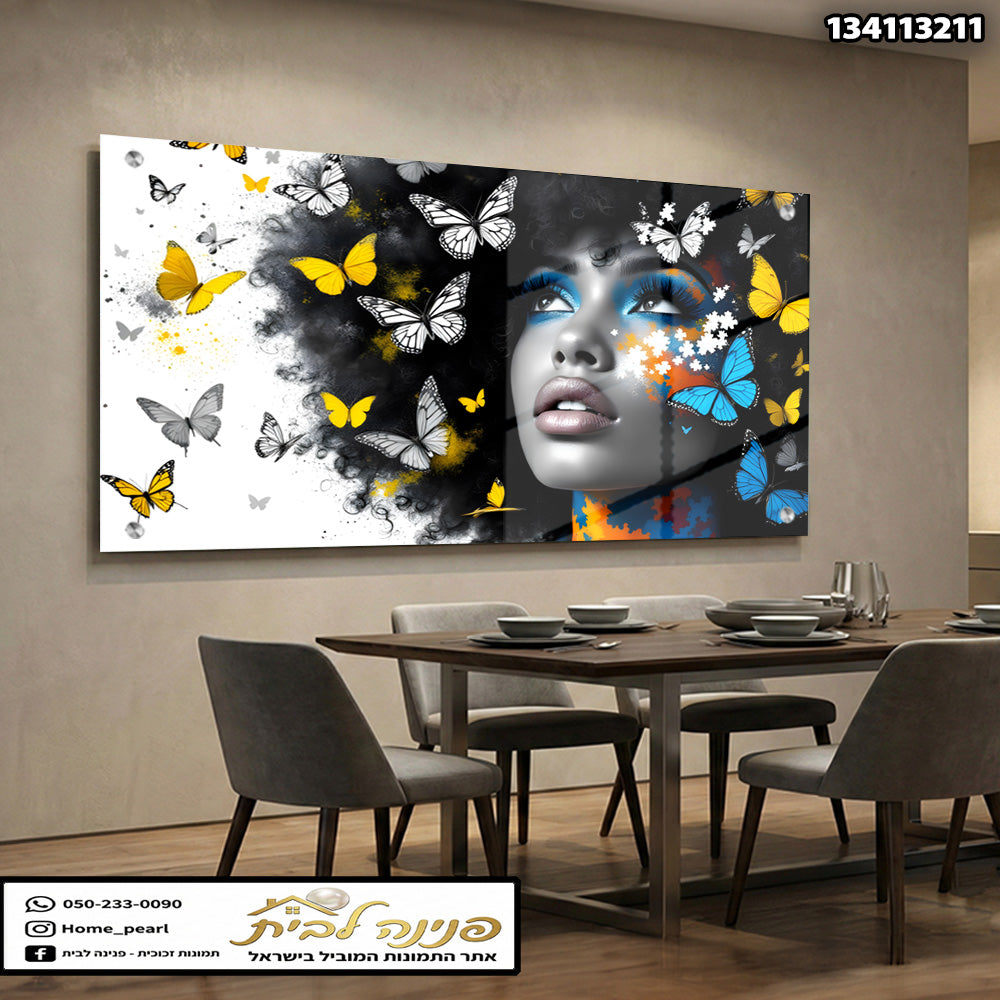 תמונות זכוכית - דיוקן אישה דרמטי עם פרפרים צהובים וכחולים תמונות זכוכית לסלון תמונות לבית תמונות קיר הדפסה על זכוכית