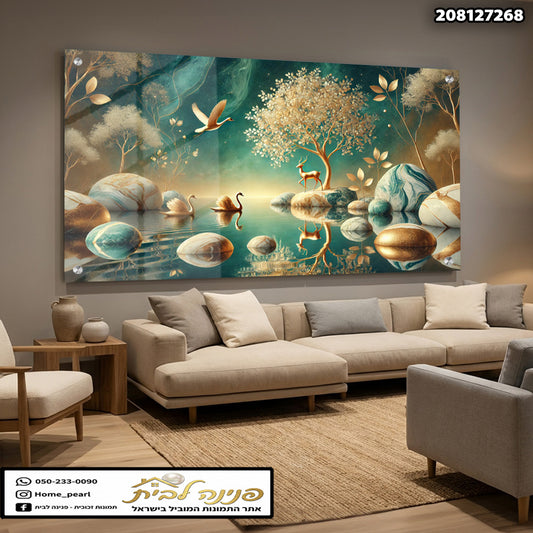 תמונה יפה של נוף טבעי עם ברווזים ועץ - תמונות נוי - צבעים מרגיעים