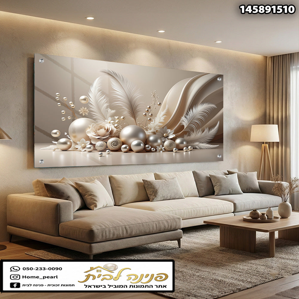 תמונות זכוכית - קומפוזיציית נוצות ופנינים בגווני שמנת וזהב עדין תמונות זכוכית לסלון תמונות לבית תמונות קיר הדפסה על זכוכית