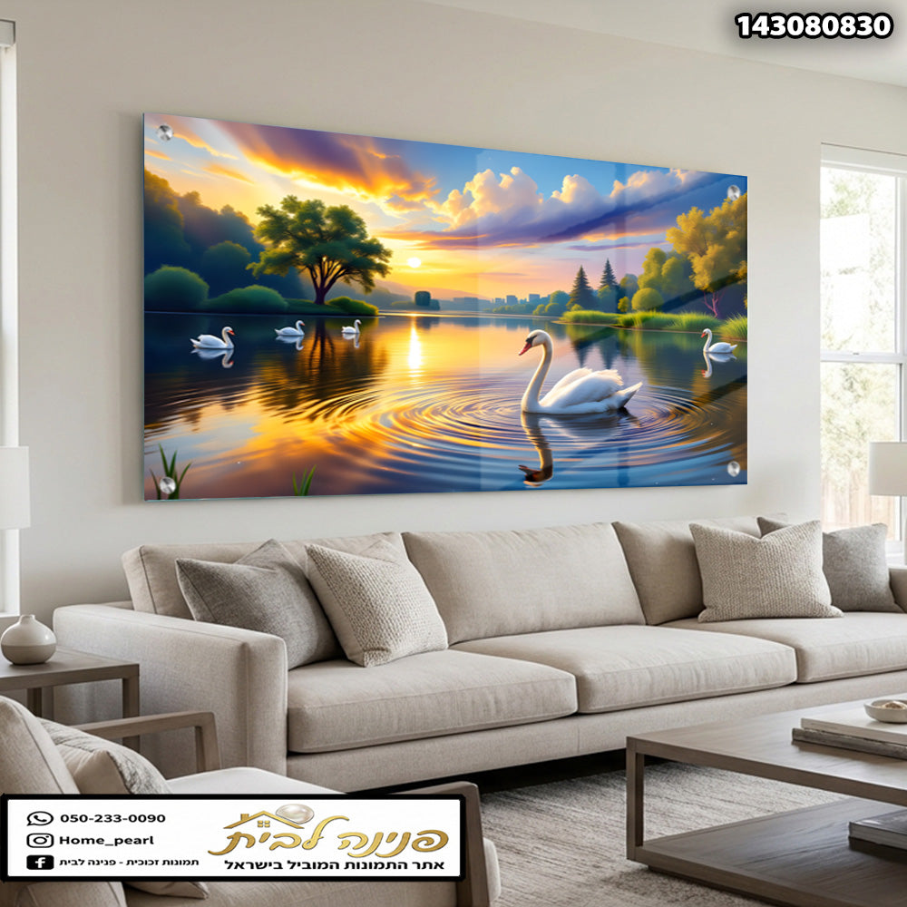 תמונה של נוף עם ברווזים באגם - תמונות נוי - צבעים כחול, כתום וירוק