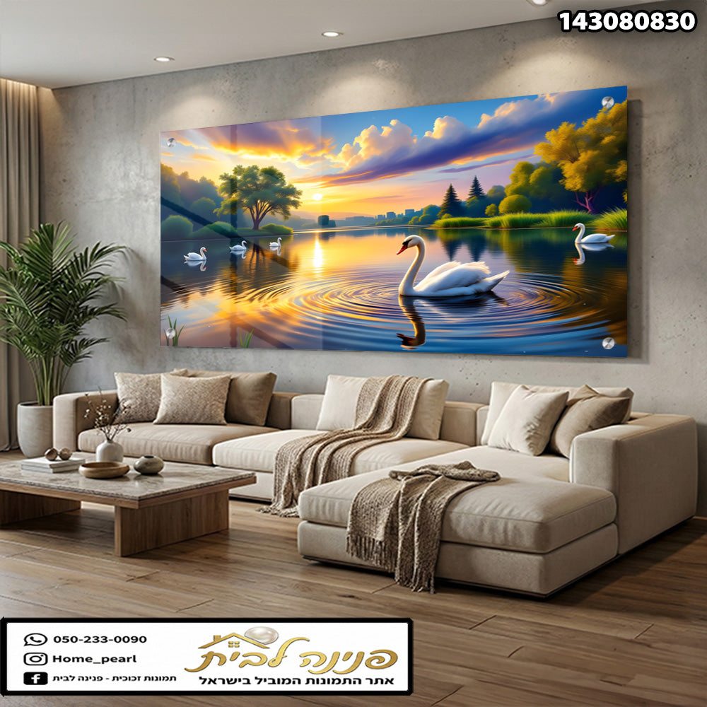 תמונה יפה של שקיעה עם ברווזים על המים - תמונות נוי - צבעים כחול, כתום וירוק